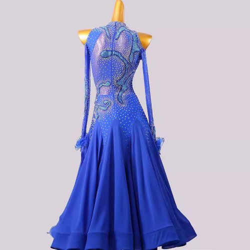 Custom size royal blue gemstones competition ballroom dance dress for women girls kids long sleeves halter neck handmade tango foxtrot ballroom dance long gown